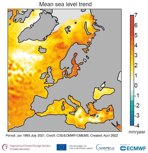 Figure 2: Sea level trends (mm/year) from January 1993 to July 2021 in shades of blue (from -4 mm) to red (to +7 mm). The data have not been adjusted for glacial isostatic adjustment nor for the TOPEX-A instrumental drift. Data source: CMEMS Ocean Moni...