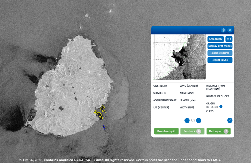 Oil detected along the coastline following the grounding of the MV Wakashio, displayed in one of the SAR images acquired for the Copernicus Maritime Surveillance Service.