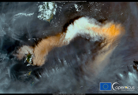 The ash plume emitted by La Soufriere volcano is visible in the image acquired by the Copernicus Sentinel-3 satellite on 10 April 2021