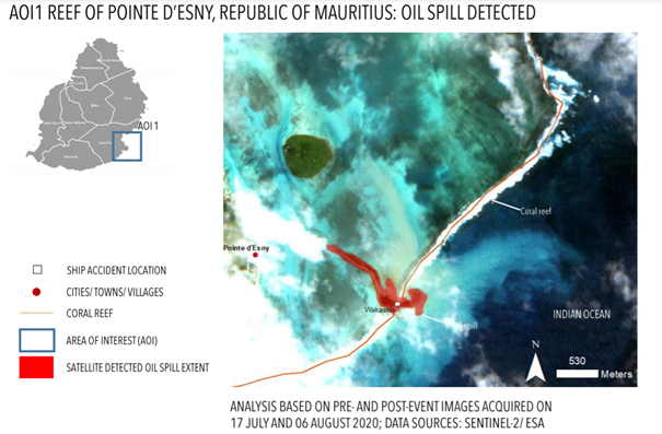 Comparison of the pre-event and post-event Sentinel-2 image and the subsequent analysis of the detected oil spill. (Source: Preliminary satellite-based oil spill assessment, Reef of Pointe d'Esny, Republic of Mauritius)