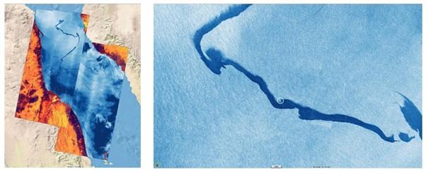 Copernicus Sentinel-1 images acquired on 13 (west) and 14 (east) October 2019. The tanker Sabiti apparently underwent damage at the location of the origin of the long oil spill. The position of the tanker is represented by the small white circle, locat...