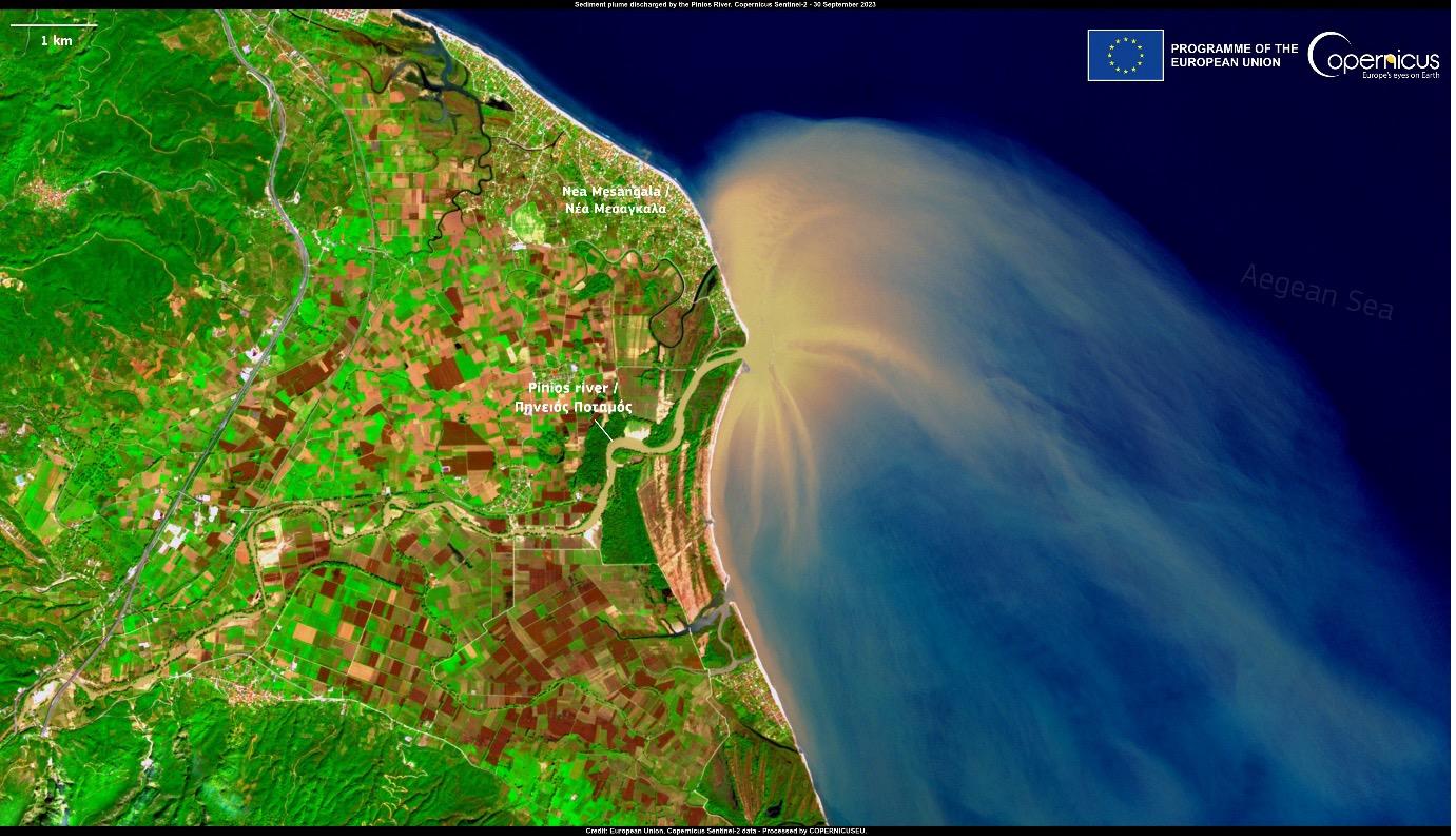 The image shows the Pinios River in Greece and the surrounding area after widespread flooding caused by Storm Elias in October 2023. Captured by the Copernicus Sentinel-2 satellite, the image vividly displays a sediment plume in hues of tan and light b...