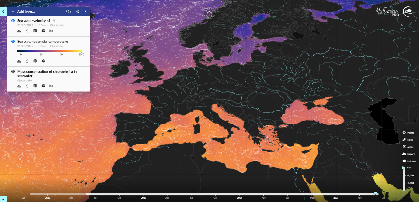 Map of Europe displaying sea water velocity, potential temperature, and chlorophyll concentration data for 2022-2025.