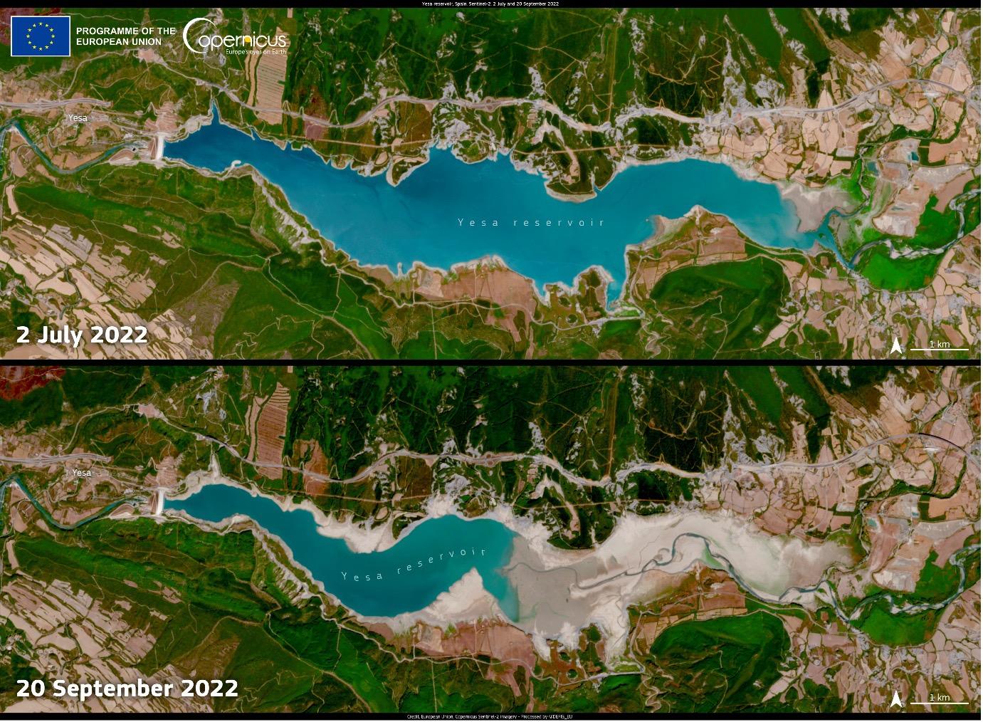 The image consists of two Sentinel-2 satellite images showcasing the change in water levels in the Yesa reservoir in the Pyrenees mountain range, Spain, due to drought.  The first image, dated 2 July 2022, shows the reservoir filled with deep blue wate...