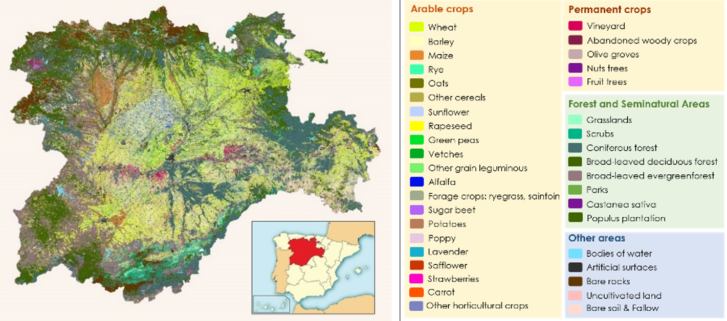 Crop and natural land classification map over the region of Castille and León for 2017.  Credit: Contains modified Copernicus Sentinel data [2016]