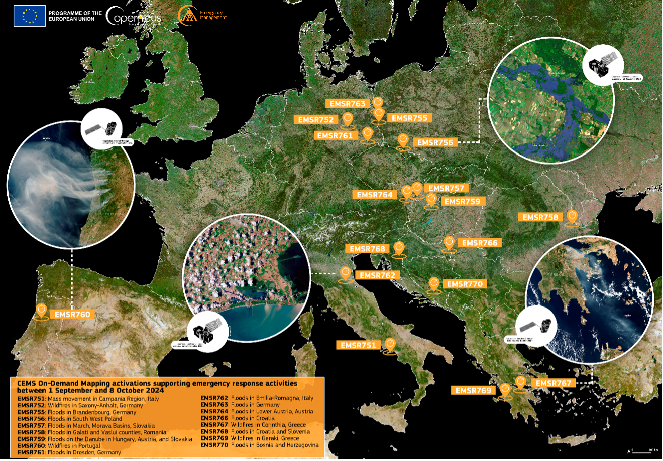 Map of Europe highlighting various emergency response activities by Copernicus EMS from September to October 2024.