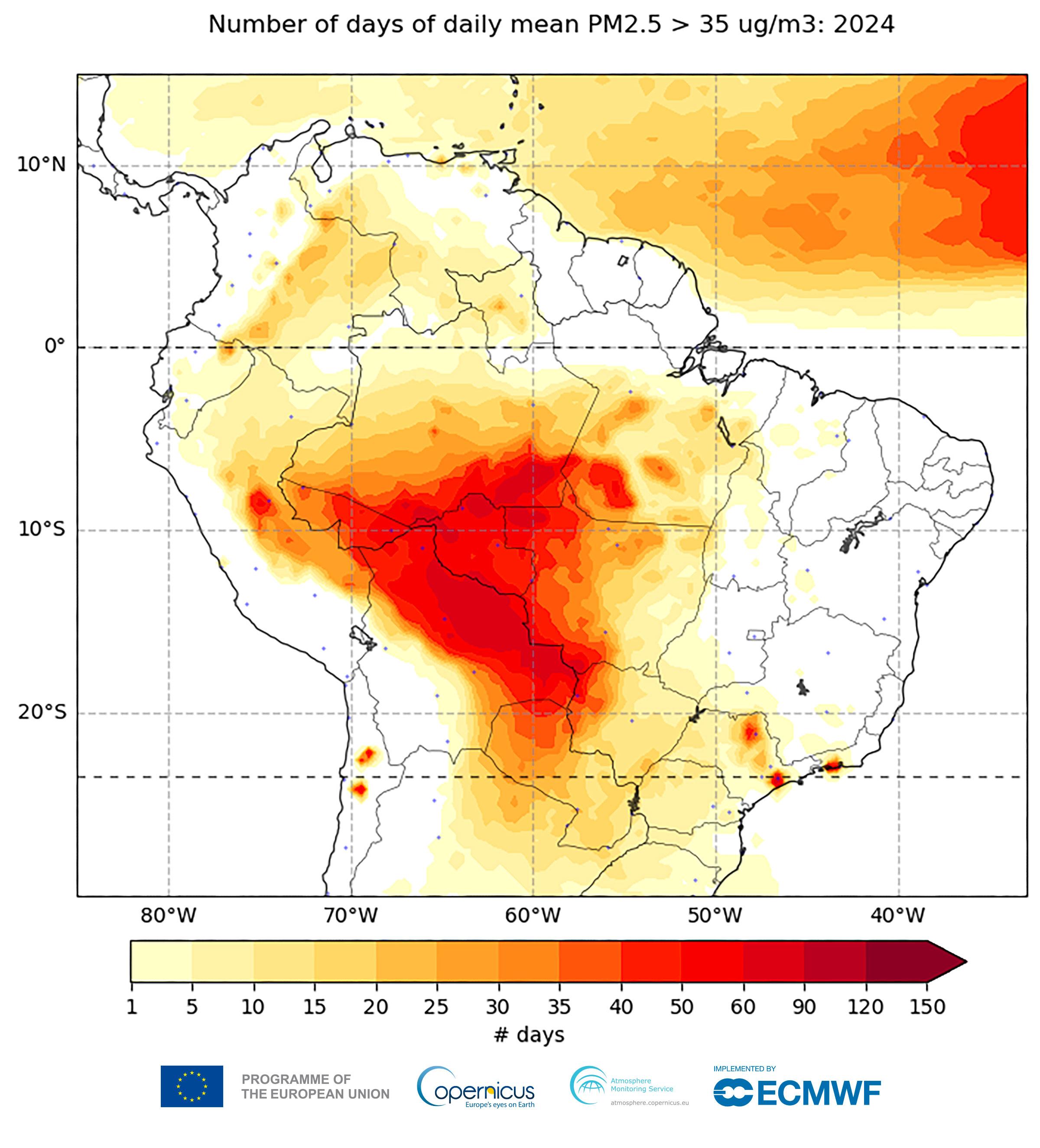 Map of South America showing the number of days in 2024 with daily mean PM2.5 concentrations exceeding 35 µg/m³. Areas with the highest pollution levels, indicated in red, are concentrated over parts of Brazil and neighboring regions