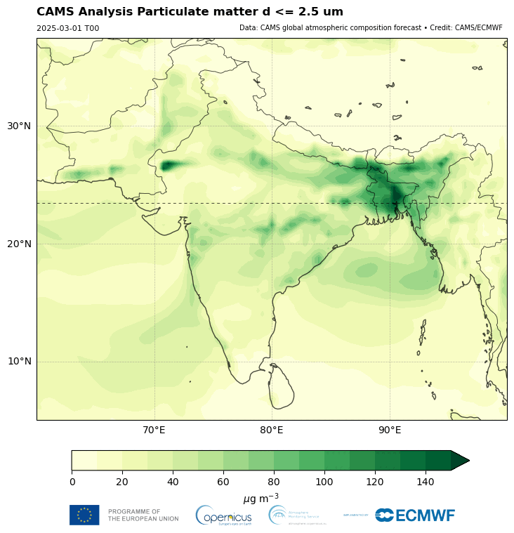 CAMS analyses of fine particulate matter PM2.5 for March and April reveals continued haze conditions, in particular across the Indo-Gangetic Plain and Bay of Bengal.