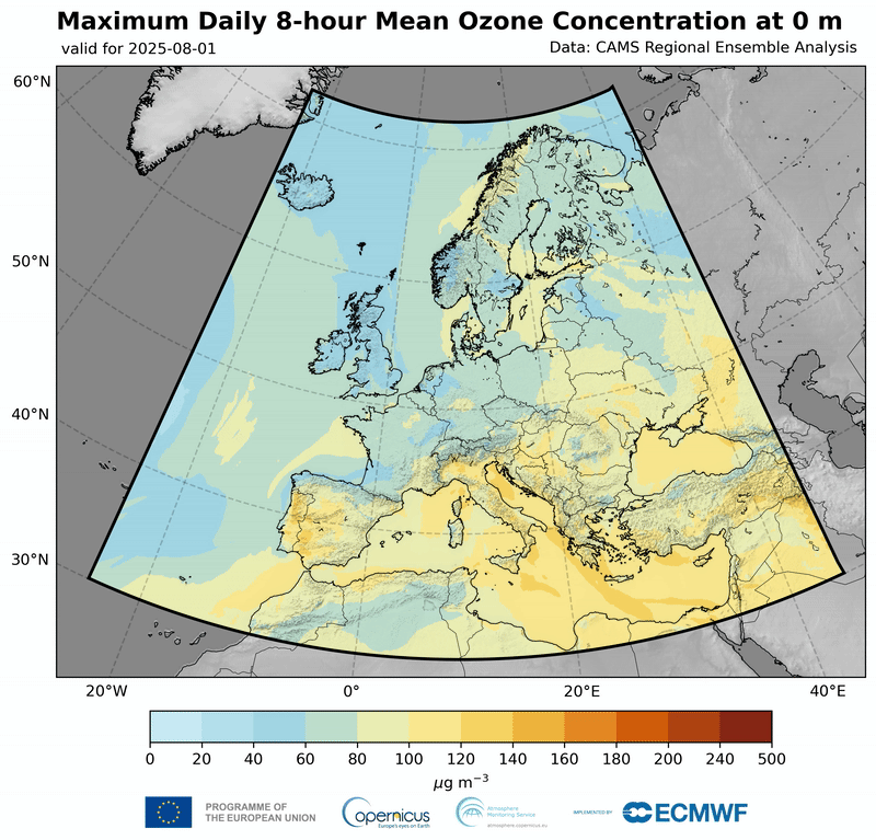 The GIF is a map showing the Maximum Daily 8-hour Mean Ozone Concentration at ground level (0 m) across Europe and surrounding regions, valid for August 1-31, 2025. The data is from the CAMS Regional Ensemble Analysis, which is part of the Copernicus A...