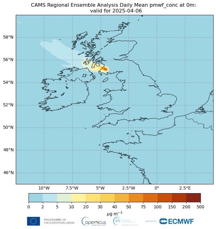 Daily mean wildfire contributions to PM10 concentration at ground level from the CAMS regional ensemble analyses valid for 6 April 2025