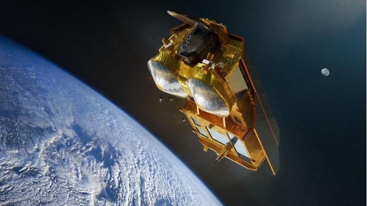 The image is an artist’s impression of a CRISTAL (Copernicus Polar Ice and Snow Topography Altimeter) satellite. The satellite features a rectangular main body covered in a golden insulating material, with large dual antennas at the front. It is depict...