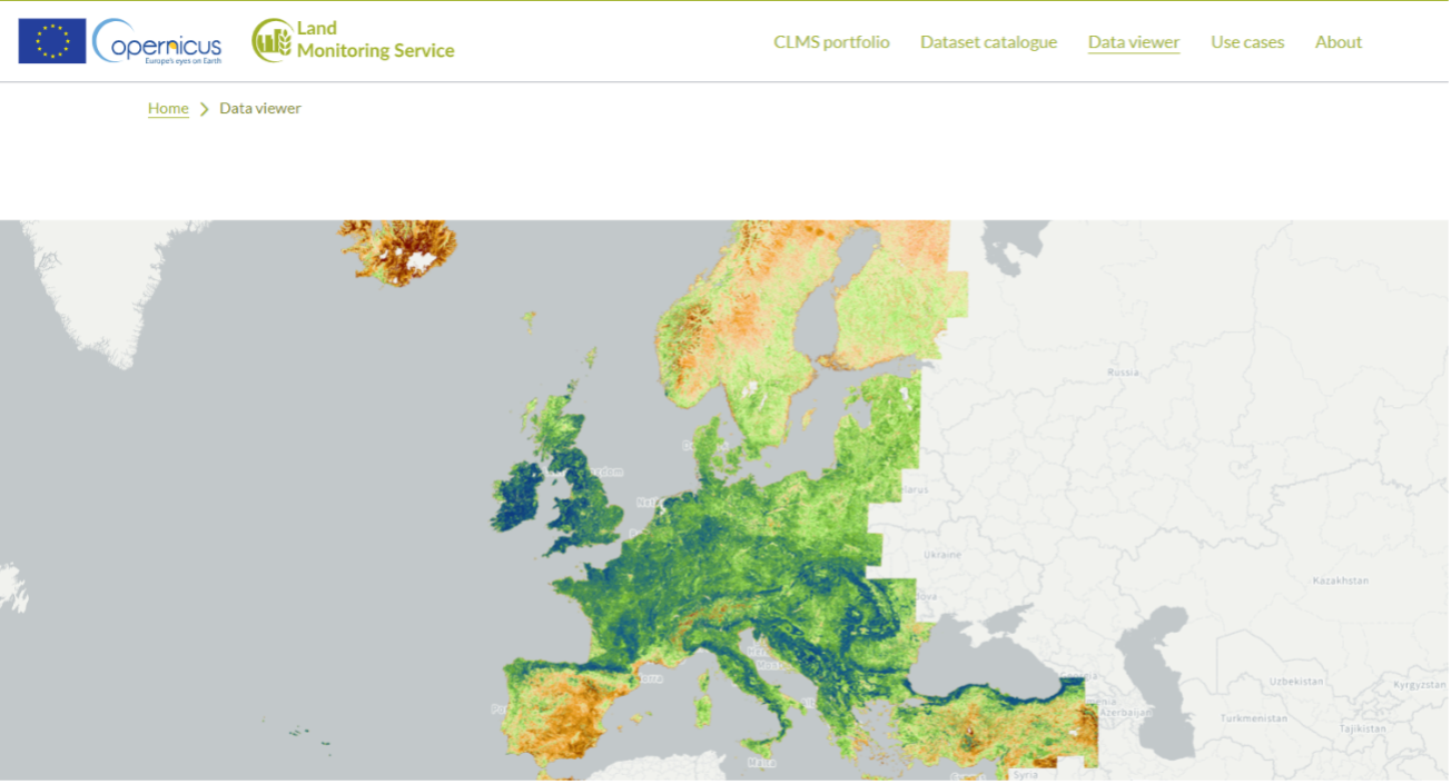 Map of Europe highlighting green areas, depicting seasonal productivity from Copernicus Land Monitoring Service.