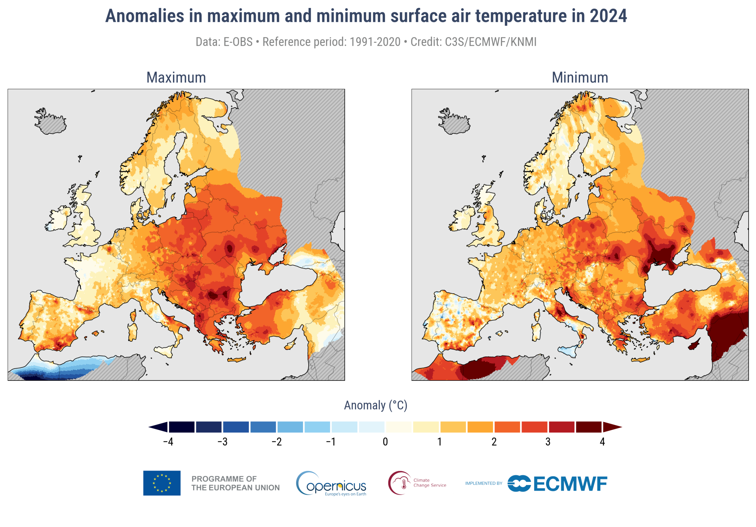The image shows temperature anomalies across Europe for the year 2024. There are two maps: Maximum Temperature Anomalies (left map): This map shows deviations from the average maximum surface air temperature, compared to the reference period of 1991–20...