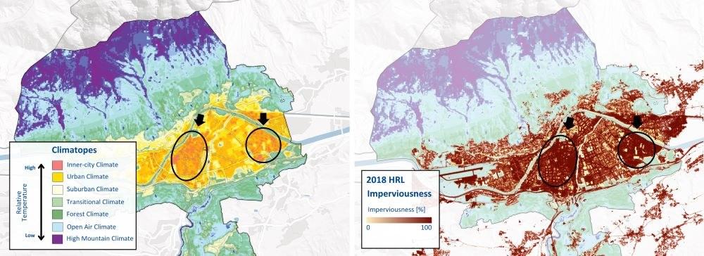 Two comparative maps displaying distinct land use types, including residential, commercial, and green spaces.