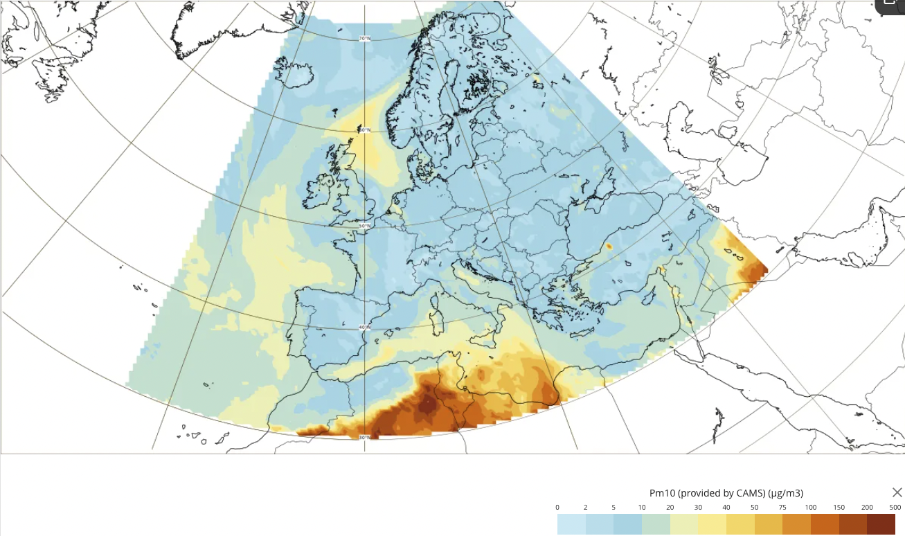An example of CAMS daily regional forecasts for PM10 available on the CAMS&nbsp;charts page. Credit: European Union, Copernicus Atmosphere Monitoring Service data&nbsp;