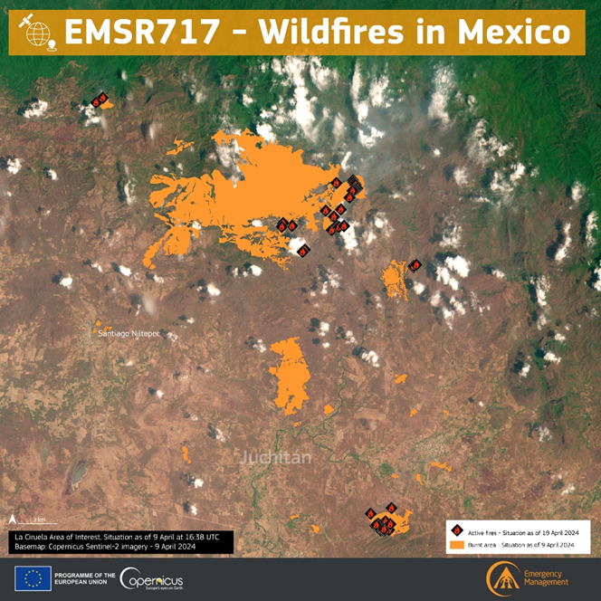 This data visualisation, based on a product from the Rapid Mapping module of the Copernicus Emergency Management Service, shows&nbsp;the extent of a serious fire in Mexico in April 2023. The image shows the 3rd delineation monitoring of the fire (9 Apr...