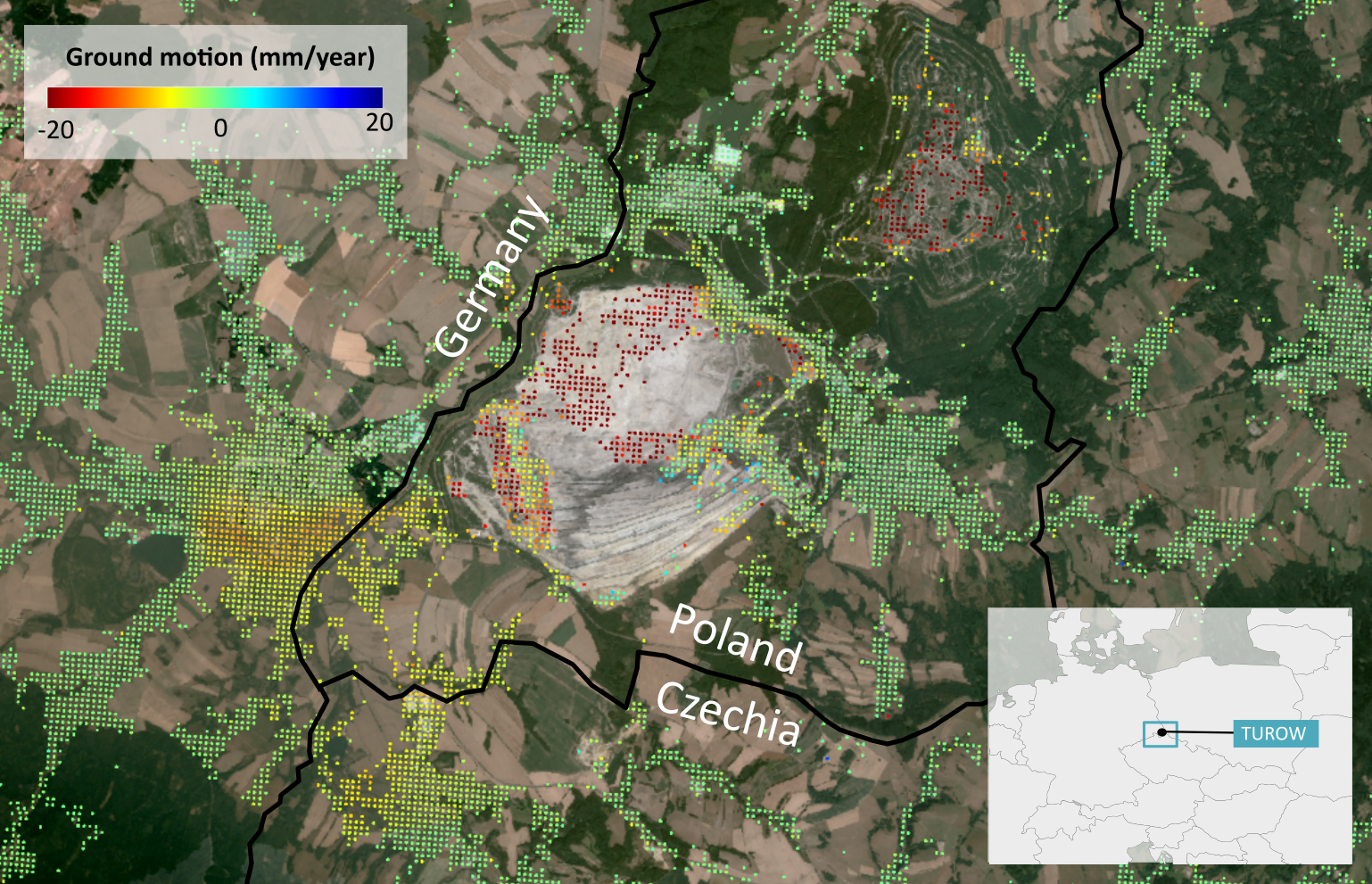Satellite image of a forested area with a highlighted section showing land surface deformation in various colors, ranging from blue to red. A color scale at the top left indicates deformation intensity, with red representing higher values. A small map ...