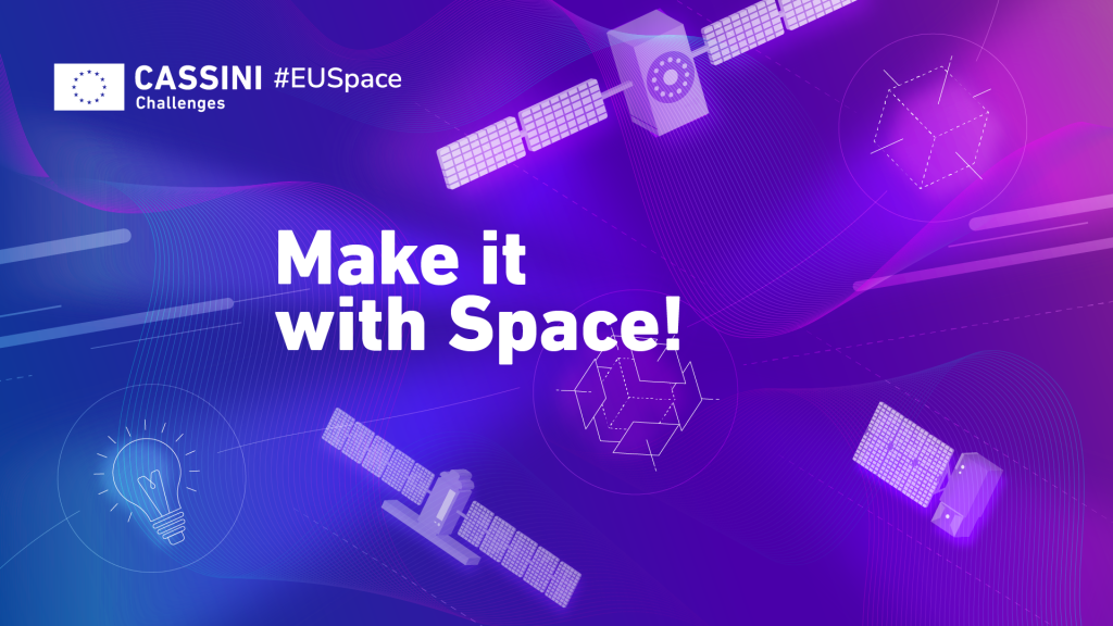 Illustrative banner for CASSINI Challenges with space-themed graphics and the slogan 'Make it with Space!'