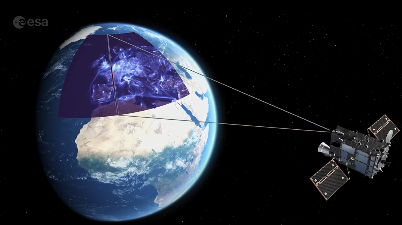 Artists rendering of the Sentinel-4 instrument on board the MTG-S1 satellite, orbiting the Earth.