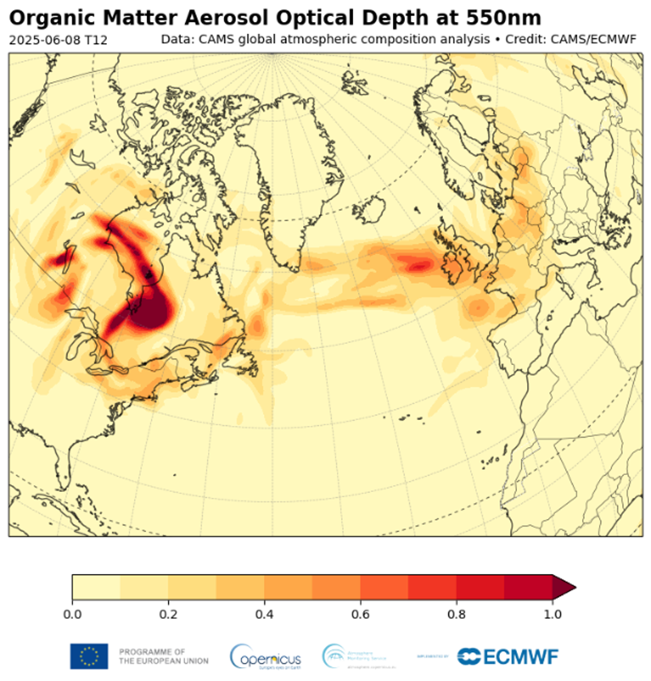 CAMS analysis (combining model and observations) of organic matter aerosol optical depth over Canada, the North Atlantic and Europe on 8 June 2025. The map uses a color scale where lighter shades represent lower aerosol concentrations, and darker shade...