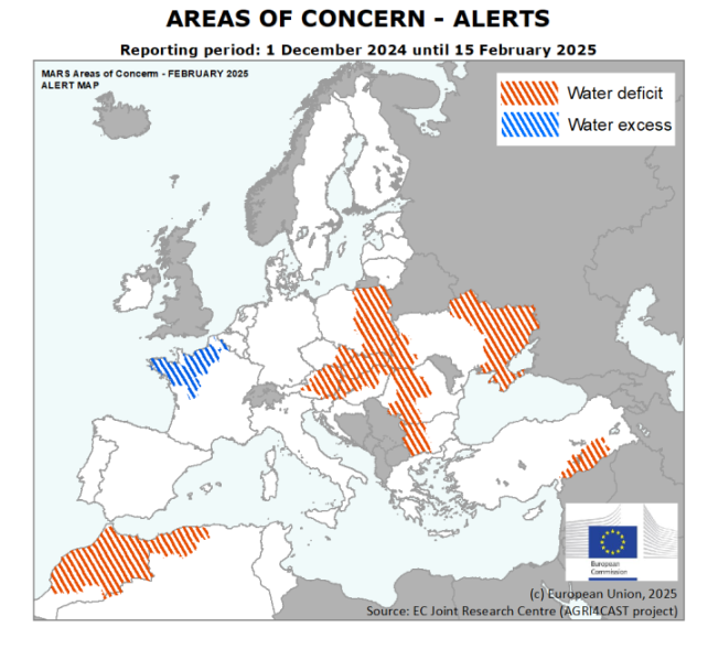 Map of Europe titled “Areas of Concern – Alerts” for the reporting period 1 December 2024 to 15 February 2025. Countries are shown in grey and white, with highlighted regions overlaid by diagonal stripes. Orange stripes indicate areas of water deficit ...