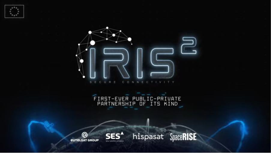 Logo for IRIS² Secure Connectivity, described as the first-ever public-private partnership of its kind. The image shows a stylized network graphic above the text, with logos of Eutelsat Group, SES, Hispasat, and SpaceRise beneath, against a dark space-...
