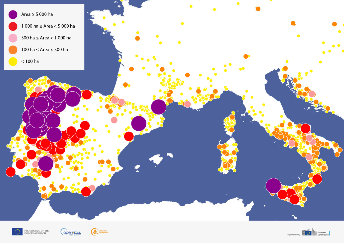 A map showing the distribution and size of fires recorded in 2025. Each fire is represented by a colour-coded circle indicating burnt area: yellow for fires under 100 hectares, orange for 100 to 500 hectares, pink for 500 to 1,000 hectares, red for 1,0...