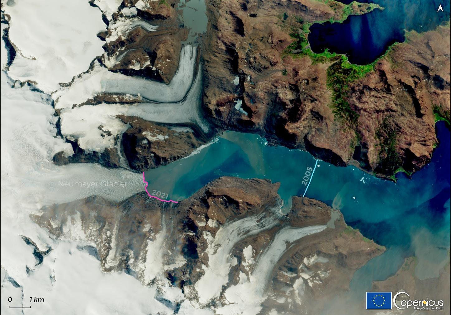 Sentinel-2 image from 22 January 2021, showing the status of the Neumayer Glacier, of the largest tidewater glaciers in South Georgia. Comparing the glacier terminus as seen in the 2021 Sentinel-2 image (line in magenta) with a Landsat-8 image acquired...