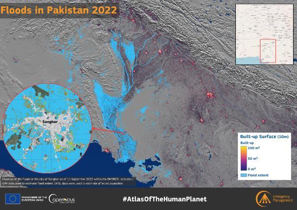 Map titled 'Floods in Pakistan 2022' showing flood extent in blue, with a zoomed-in view of Sanghar. Built-up surface areas are highlighted in colours representing density. Includes EU and Copernicus logos, #AtlasOfTheHumanPlanet, and a legend for buil...