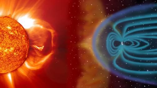 n illustration showing the Sun on the left and the Earth on the right. The Sun features an explosion, and a seemingly enormous arc of solar matter is expelled from the Sun’s surface towards space. Particles and solar wind are represented in orange, and...