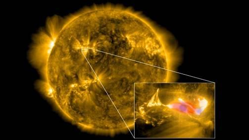 n image showing the Sun seemingly expelling matter at various places on the surface and on its periphery. On the right-hand side of the image, a small area of the Sun is enlarged as a close-up showing a patch of red colour adjacent to a smaller patch o...