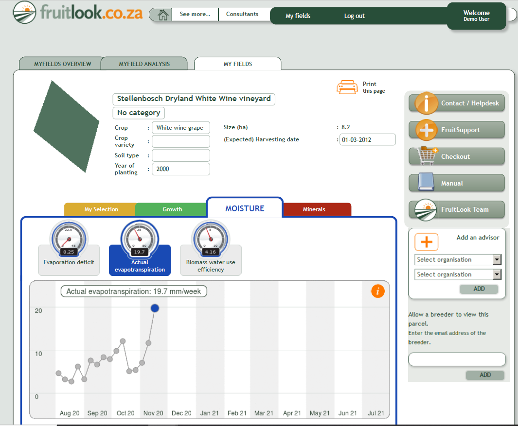 FruitLook platform provides information about actual evapotranspiration, evaporation deficit and the efficiency of water use