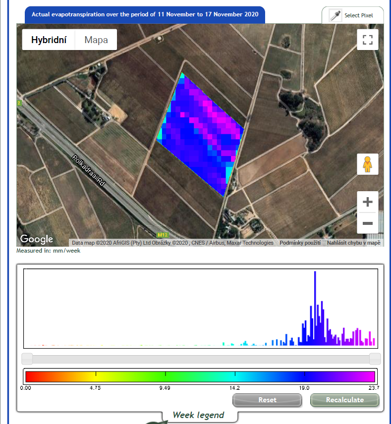 Spatial variation of actual evapotranspiration in the area of Stellenbosch Dryland White Wine vineyard.