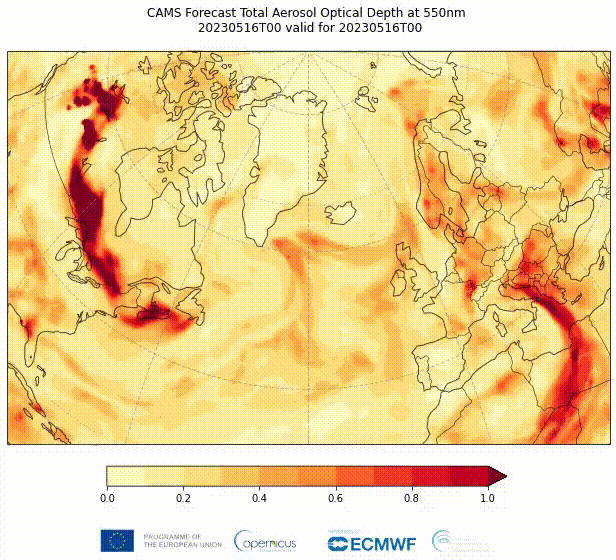 Animation showing CAMS Forecast of total Aerosol optical depth over the North Atlantic with red, orange, and yellow colours.